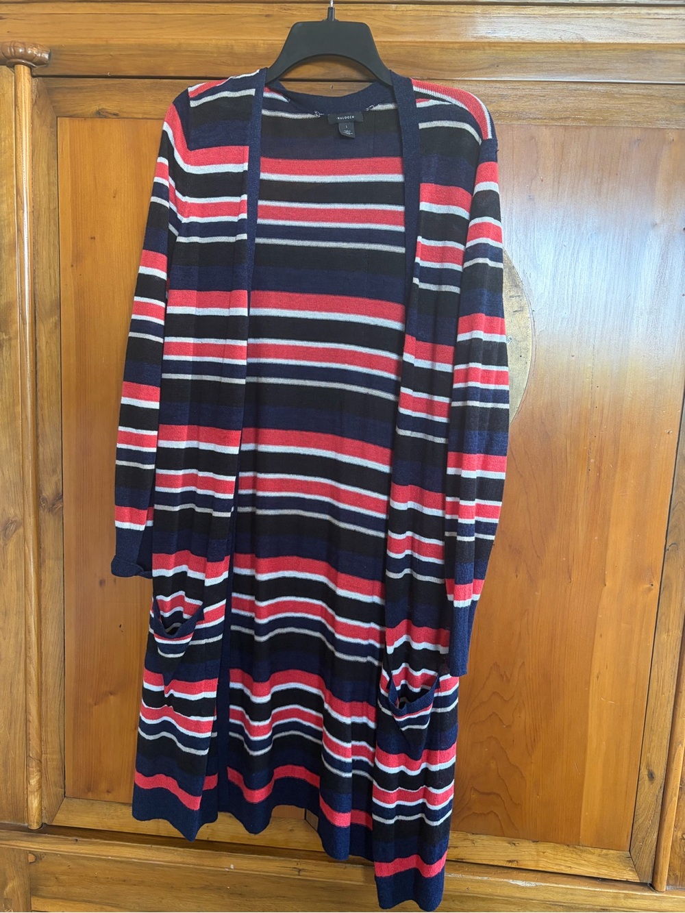 Halogen Navy, Coral & White Striped Knit Cardigan. Linen